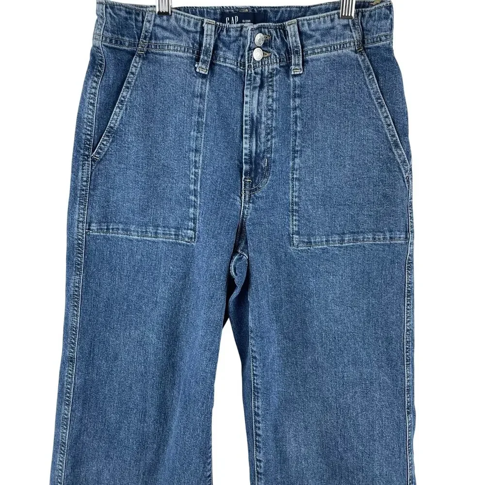 GAP Womens High Rise Wide-Leg Crop Jeans 8 29R Medium Wash Blue Stretch